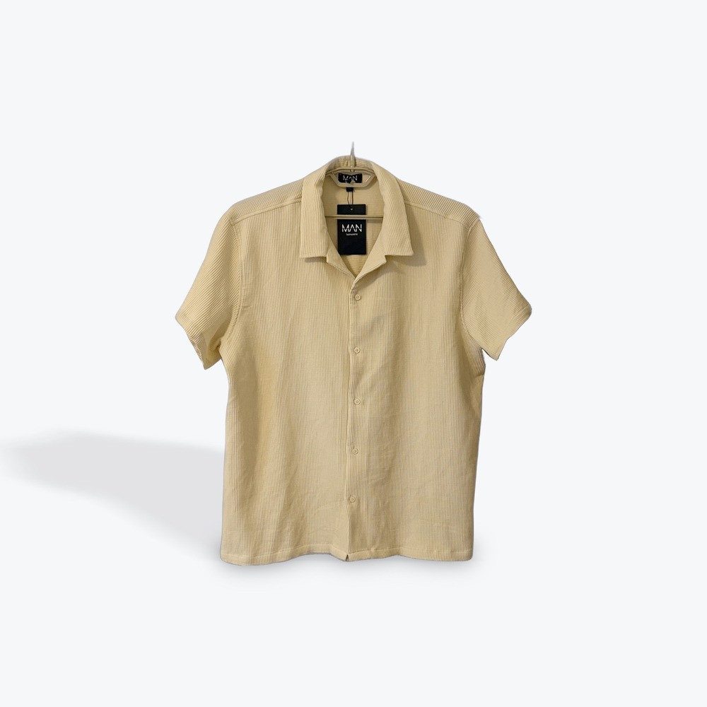 boohooMAN Mens XL Taupe Pleated Short Sleeve Revere Collar Shirt BMM12137-167-36
